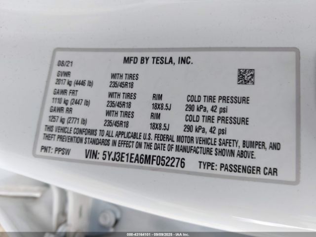 2021 TESLA MODEL 3 5YJ3E1EA6MF052276 Photo 8