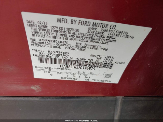 Ford Taurus 2015 1FAHP2F85FG146875 Image 9