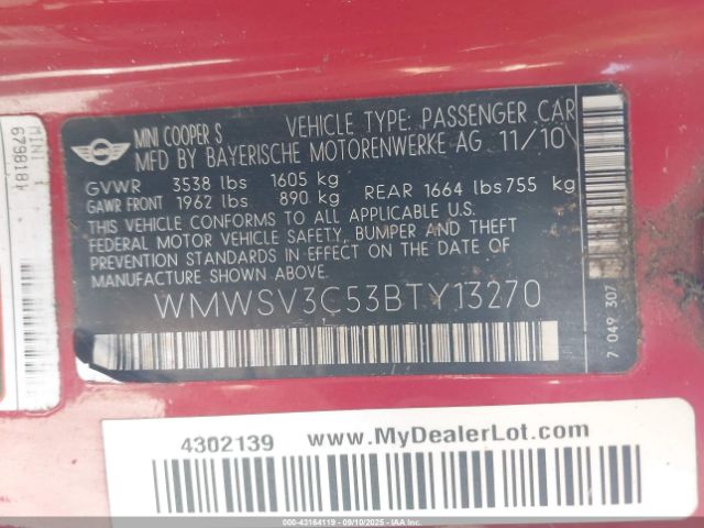 2011 MINI COOPER S WMWSV3C53BTY13270 Photo 8