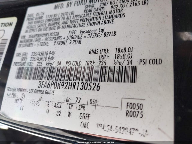Продажа на аукционе авто 2017 Ford Fusion Titanium, vin: 3FA6P0K92HR130526, номер лота: 43164208