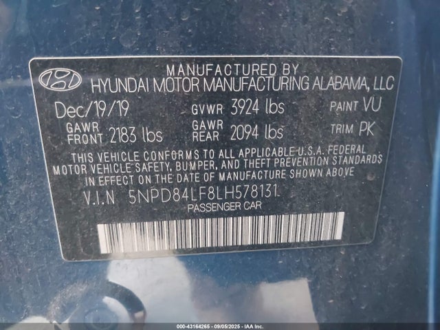 5NPD84LF8LH578131 Hyundai ELANTRA SEL