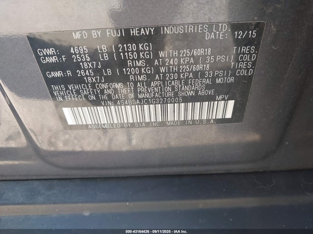 4S4BSAJC1G3270005 Subaru 2.5l u5