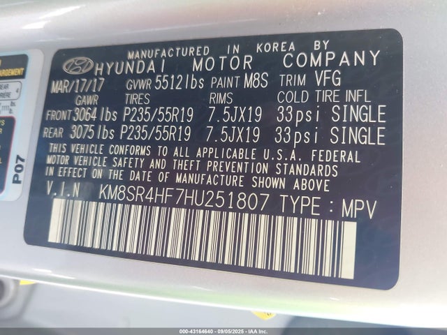 KM8SR4HF7HU251807 Hyundai gdi lambda ii