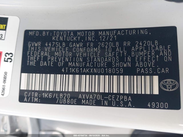 4T1K61AKXNU018059 Toyota a25a-fks