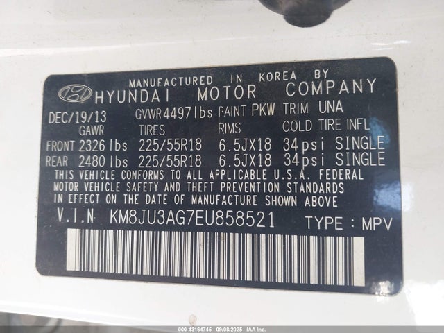 KM8JU3AG7EU858521 Hyundai Tucson Limited