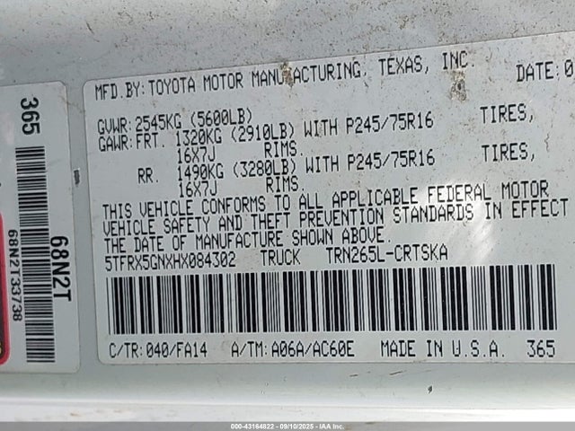 5TFRX5GNXHX084302 Toyota 2tr-fe