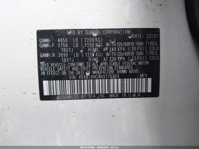4S4BTANC9N3175955 Subaru na, u5