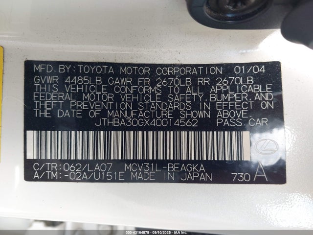 2004 Lexus Es 330 მანქანა იყიდება აუქციონზე, vin: JTHBA30GX40014562, აუქციონის ნომერი: 43164879