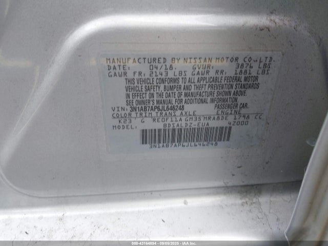43164894 :رقم المزاد ، 3N1AB7AP6JL646248 vin ، 2018 Nissan Sentra Sv مزاد بيع