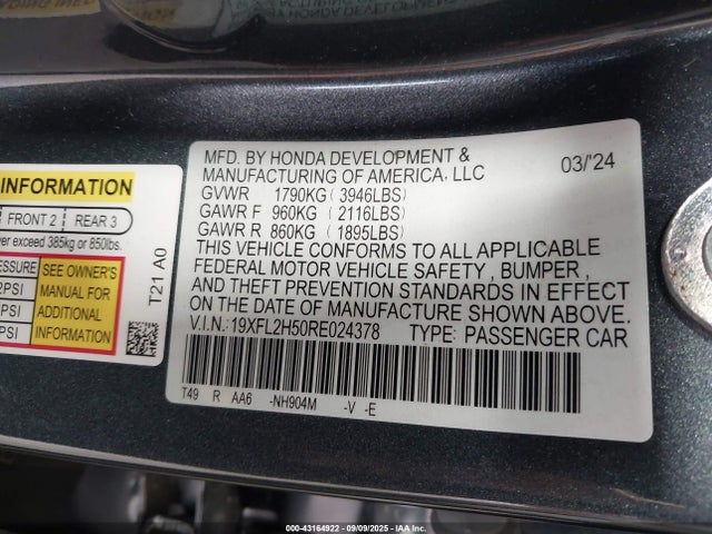 19XFL2H50RE024378 Honda Civic Lx