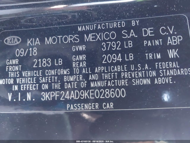 3KPF24AD9KE028600 KIA mpi nu
