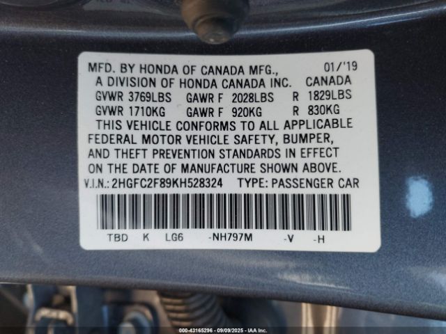 2019 HONDA CIVIC 2HGFC2F89KH528324 Photo 8