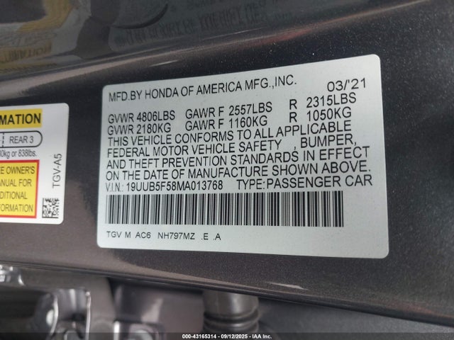 Acura k20c6 2021 19UUB5F58MA013768 Image 9