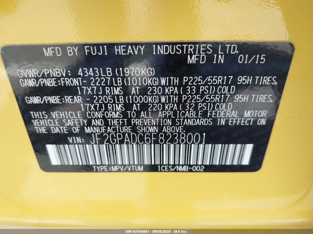 JF2GPADC6F8238001 Subaru 2.0l naturally aapirated