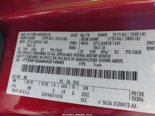 Ford gtdi 2019 1FTEW1E44KKE14945 Image 9