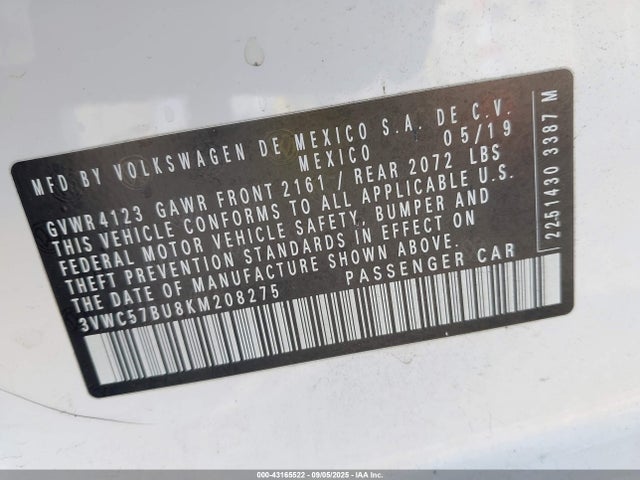 3VWC57BU8KM208275 Volkswagen 1.4 tsi
