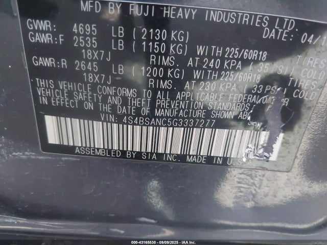 4S4BSANC5G3337277 Subaru 2.5l u5