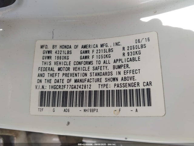 1HGCR2F77GA242812 Honda k24w1