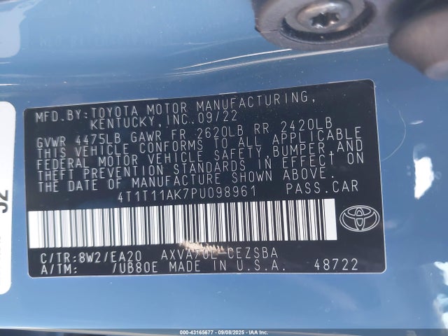 4T1T11AK7PU098961 Toyota a25a-fks