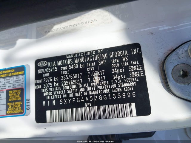 5XYPG4A52GG135996 KIA dohc gdi lambda ii