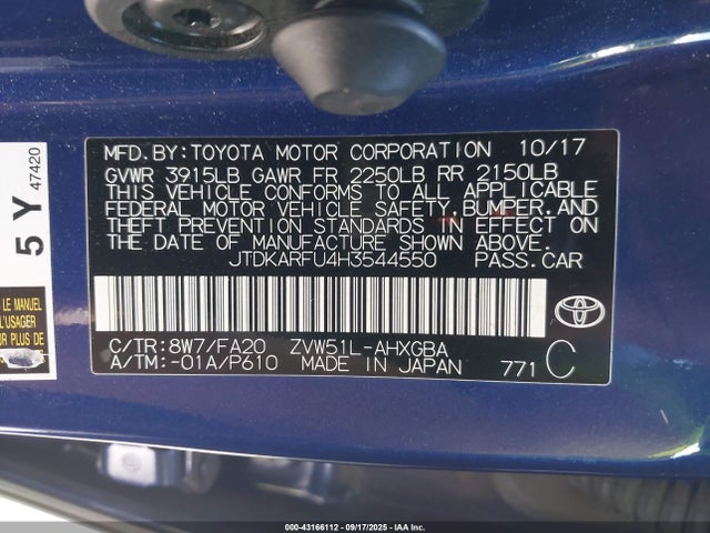 JTDKARFU4H3544550 Toyota 2zr-fxe,1nm