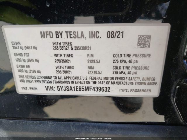 2021 TESLA MODEL S 5YJSA1E65MF439632 Photo 8