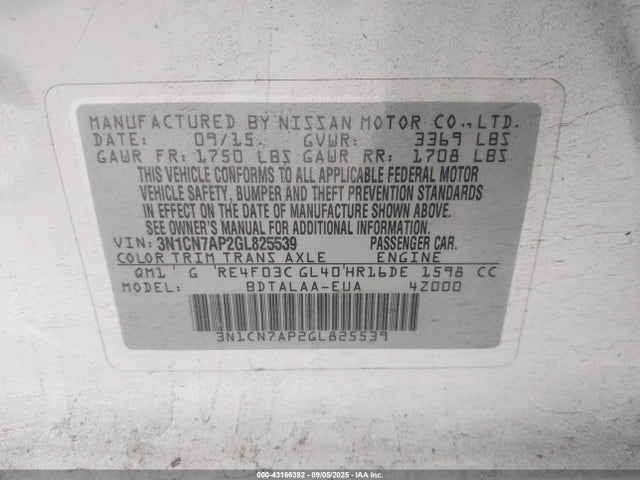 Nissan Versa 2016 3N1CN7AP2GL825539 Image 9