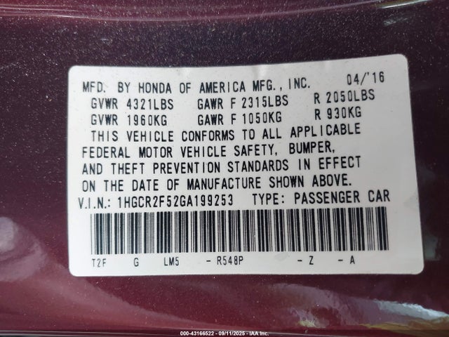 1HGCR2F52GA199253 Honda k24w1