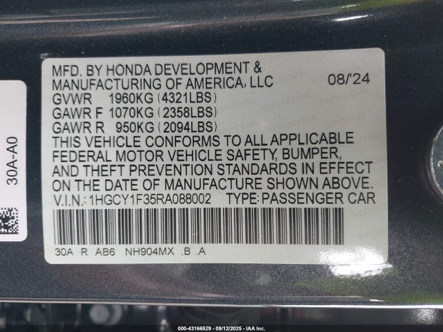 Honda l15be 2024 1HGCY1F35RA088002 Image 9