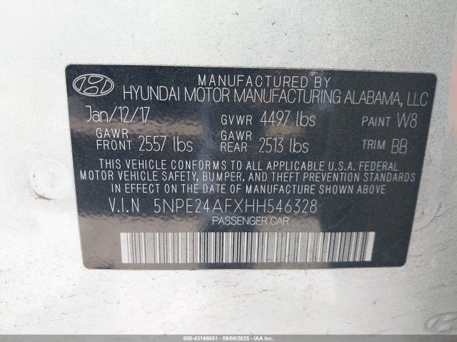 5NPE24AFXHH546328 Hyundai Sonata