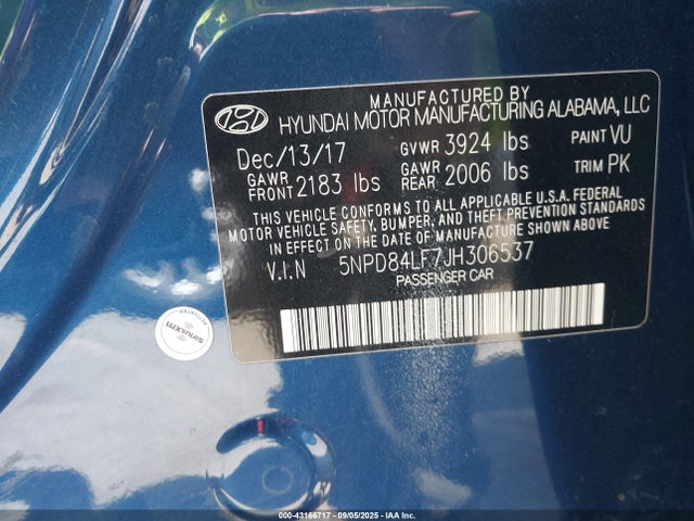5NPD84LF7JH306537 Hyundai mpi nu