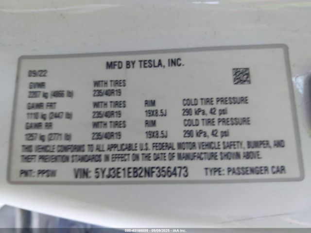 2022 TESLA MODEL 3 5YJ3E1EB2NF356473 Photo 8