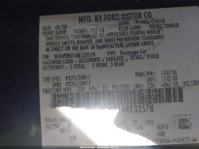 Продажа на аукционе авто 2009 Ford Fusion Sel, vin: 3FAHP08Z19R133578, номер лота: 43167059