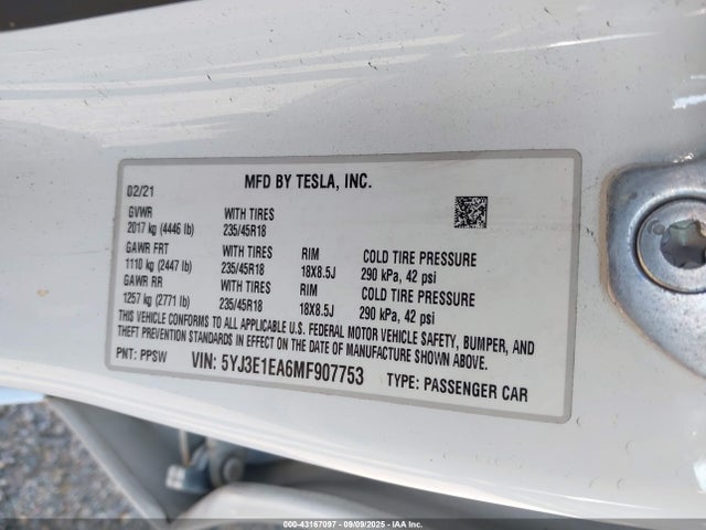 2021 TESLA MODEL 3 5YJ3E1EA6MF907753 Photo 8