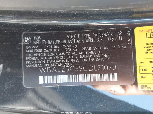 43167123 :رقم المزاد ، WBALZ3C59CDL71020 vin ، 2012 Bmw 650i مزاد بيع