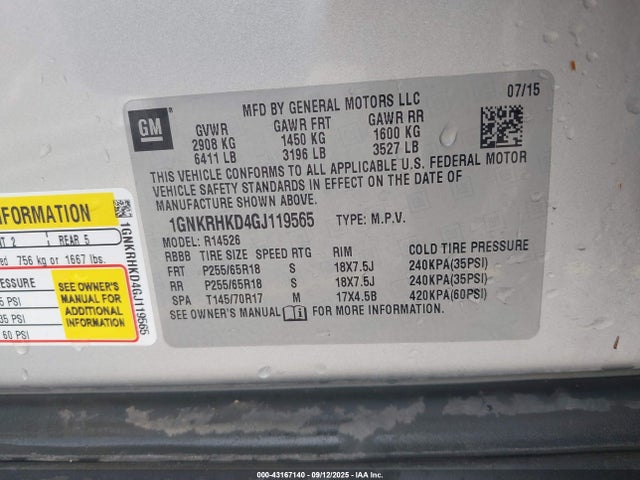 1GNKRHKD4GJ119565 Chevrolet Traverse 2lt