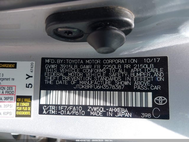 JTDKBRFU6H3578387 Toyota 2zr-fxe,1nm