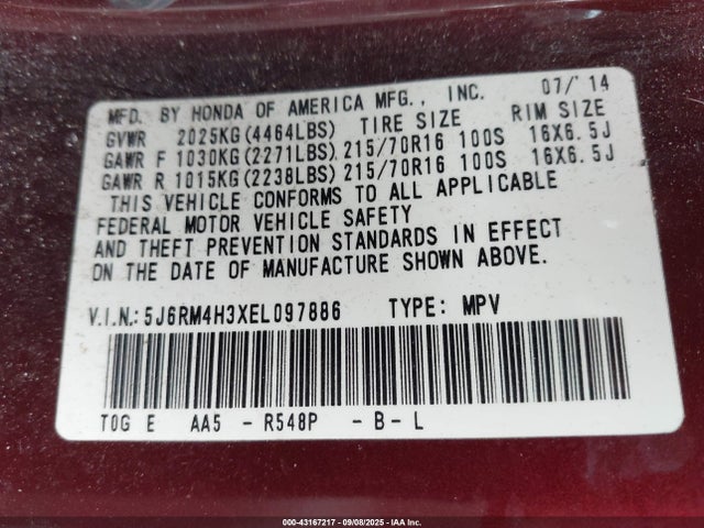 5J6RM4H3XEL097886 Honda k24z7