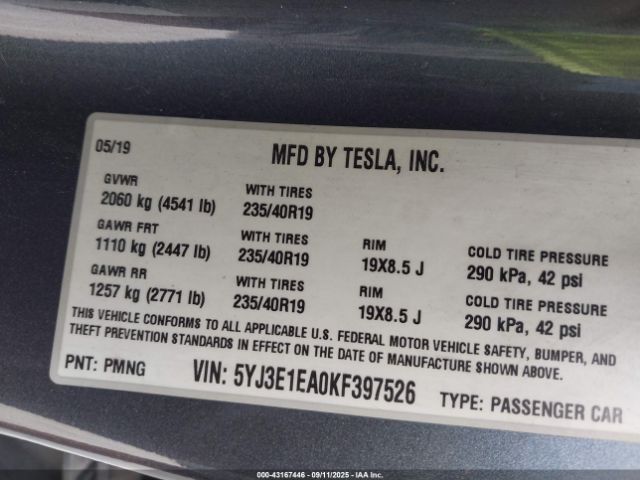 2019 TESLA MODEL 3 5YJ3E1EA0KF397526 Photo 8