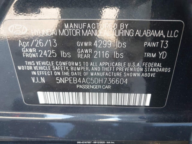 43167557 :رقم المزاد ، 5NPEB4AC5DH736604 vin ، 2013 Hyundai Sonata Gls مزاد بيع