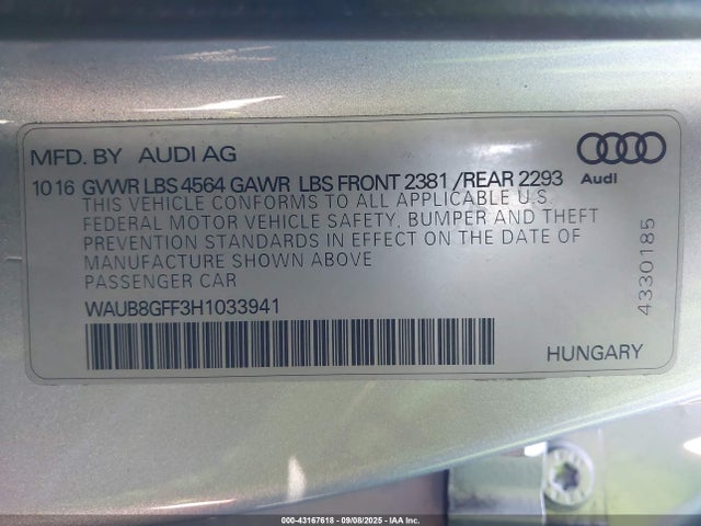 2017 AUDI A3 WAUB8GFF3H1033941 Photo 8