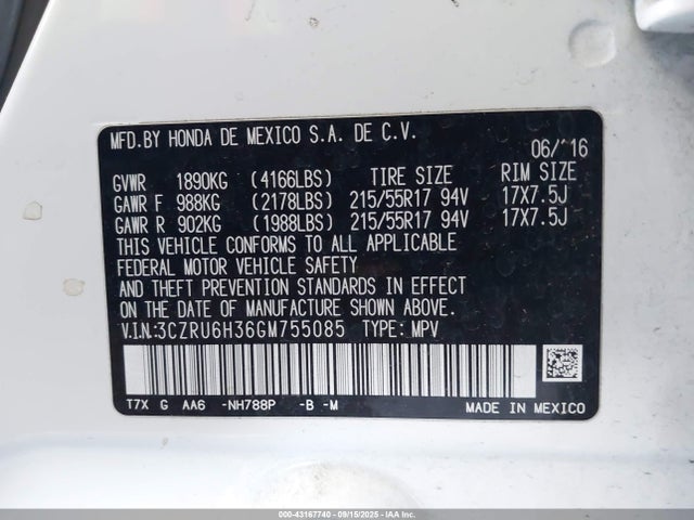 3CZRU6H36GM755085 Honda r18z9