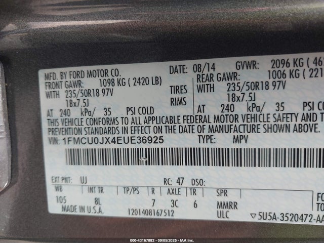 Продажа на аукционе авто 2014 Ford Escape Titanium, vin: 1FMCU0JX4EUE36925, номер лота: 43167882
