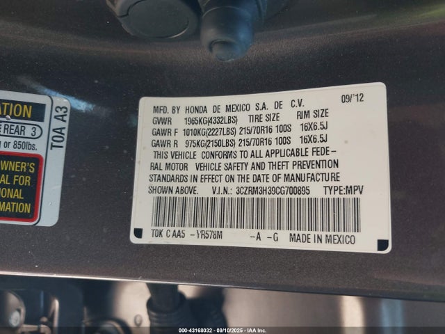 2012 Honda Cr-v Lx მანქანა იყიდება აუქციონზე, vin: 3CZRM3H39CG700895, აუქციონის ნომერი: 43168032