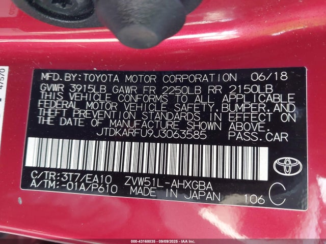 43168035 :رقم المزاد ، JTDKARFU9J3063585 vin ، 2018 Toyota Prius Four مزاد بيع