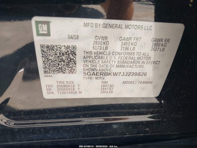 43168131 :رقم المزاد ، 5GAERBKW7JJ239826 vin ، 2018 Buick Enclave Essence مزاد بيع