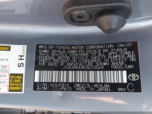 JTDEAMDE8N3010524 Toyota 2zr-fxe, 1nm