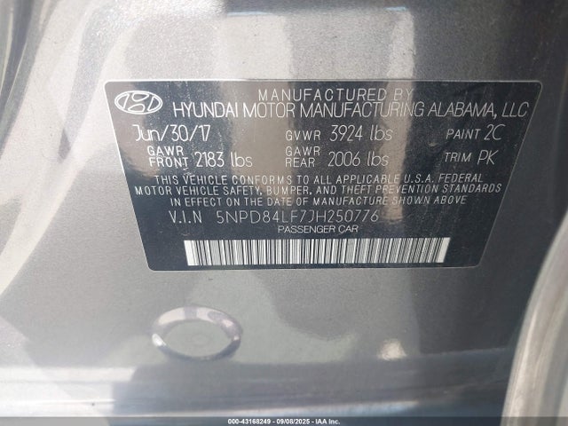 5NPD84LF7JH250776 Hyundai mpi nu