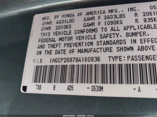 2009 Honda Accord 2.4 Ex-l მანქანა იყიდება აუქციონზე, vin: 1HGCP26879A160936, აუქციონის ნომერი: 43168292