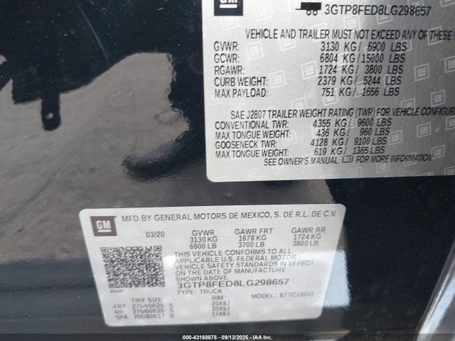 3GTP8FED8LG298657 GMC l84 - di, dfm, alum, gen 5, var 2